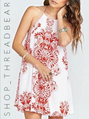 EUC [SMY MuMu] Red White < Katy > Halter Open Back Damask Mini Sun Dress | Small